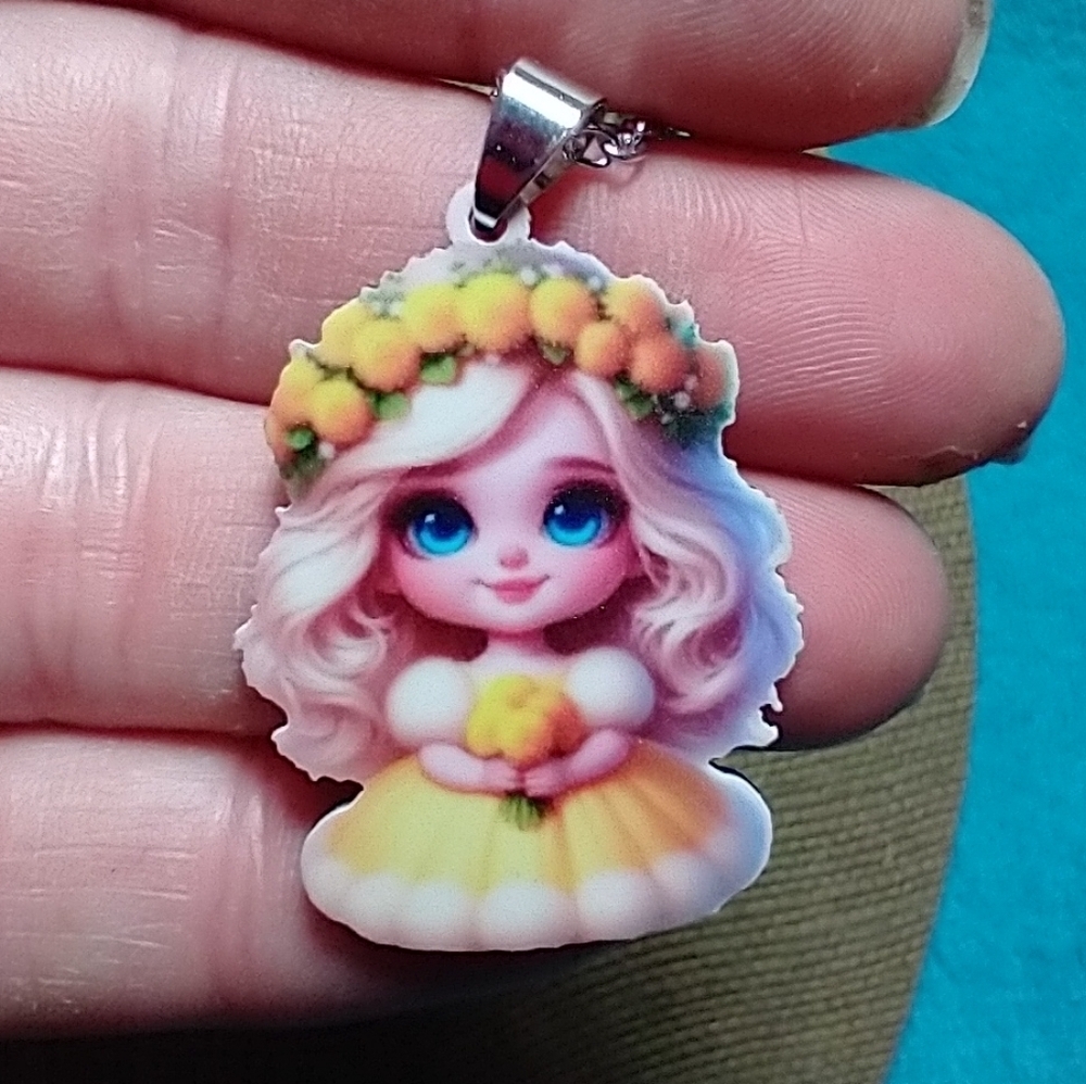 Cute Girl Pendant with Yellow Flower Crown pink hair blue eyes